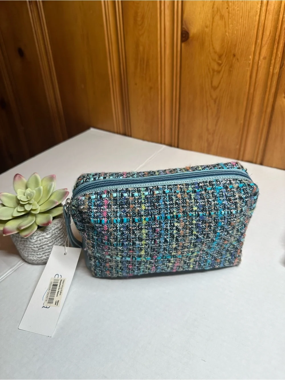 Aqua Blue Multi Tweed Cosmetic Bag